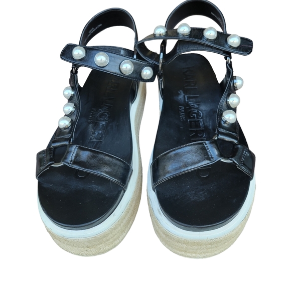 KarlLagerfeldWomensBlackStuddedAnkle StrapRoundToePlatformLeatherShoeSize 10M - Picture 3 of 9